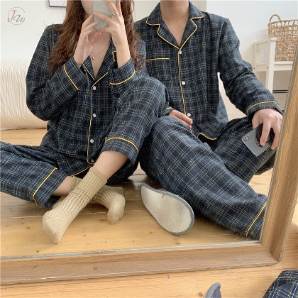 韓国風ファッション 秋冬 切り替え カジュアル チェック柄 シングルブレスト ペアルック パジャマ
