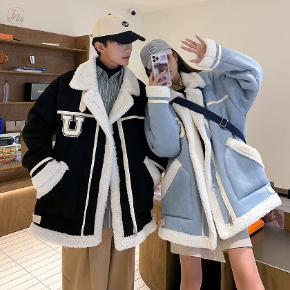 韓国風 3カラー展開 裏起毛 冷え対策 男女兼用 折り襟 配色 ジッパー カップル ペアジャケット