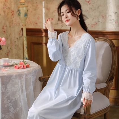フランス式 エレガント Ｖネック お姫系 レース ギャザー飾り 綿100％ パジャマ