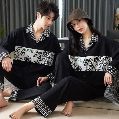 韓国風ファッション 長袖 ルームウェア 上下セット 配色 綿 心地よい ペアパジャマ