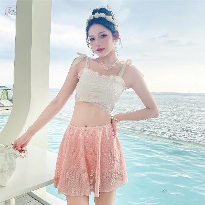 韓国風ファッション 3色展開 絶対欲しい 配色 ハイウエスト タンキニ ボウタイ ビキニ水着