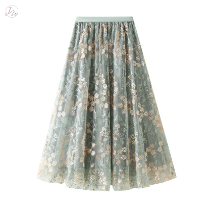 甘い雰囲気 花模様 メッシュ 刺繍 Aライン ハイウエスト スカート