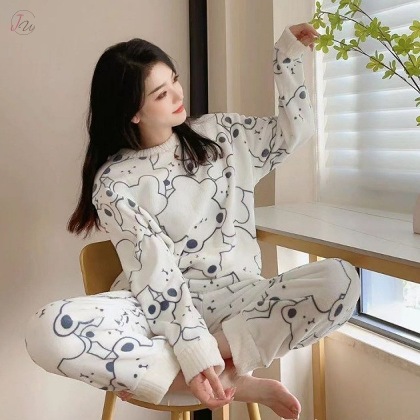 韓国風ファッション 可愛い くま柄 長袖 スエード生地 モフモフ 夢ごこち パジャマ