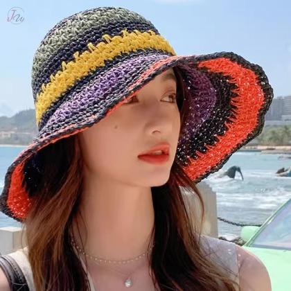 UVカット 虹色 紫外線対策 お出かけ 海辺 収納可能 便利 夏 女 帽子 ストローハット